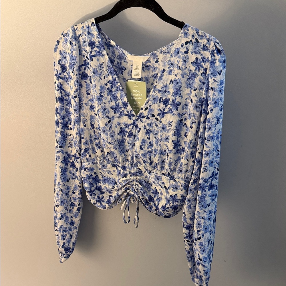 H&M Blue and White Floral Drawstring Blouse